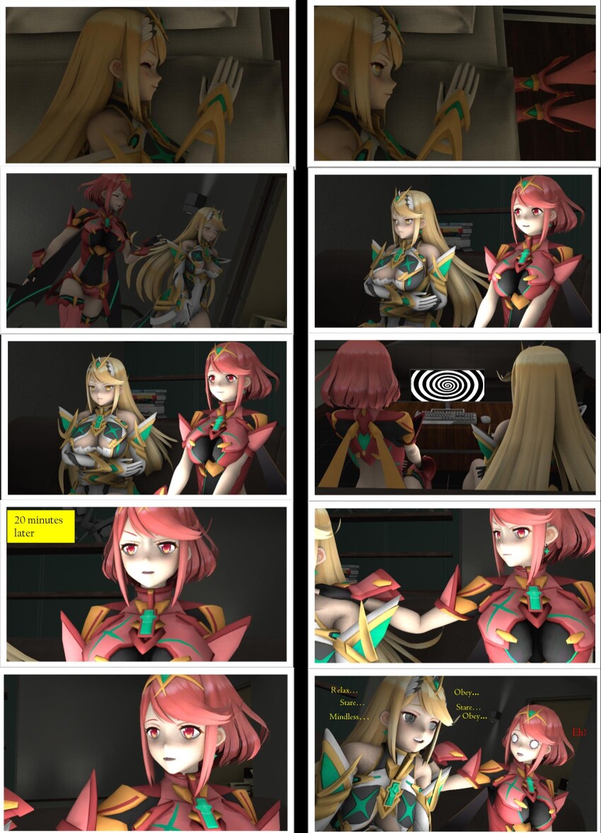 bed blonde_hair breasts comic crystal female_only femsub hypnotic_screen mythra_(xenoblade) nintendo pyra_(xenoblade) red_hair sleeping source_filmmaker spiral spiral_eyes surprised symbol_in_eyes text whateverdude19 xenoblade_chronicles xenoblade_chronicles_2
