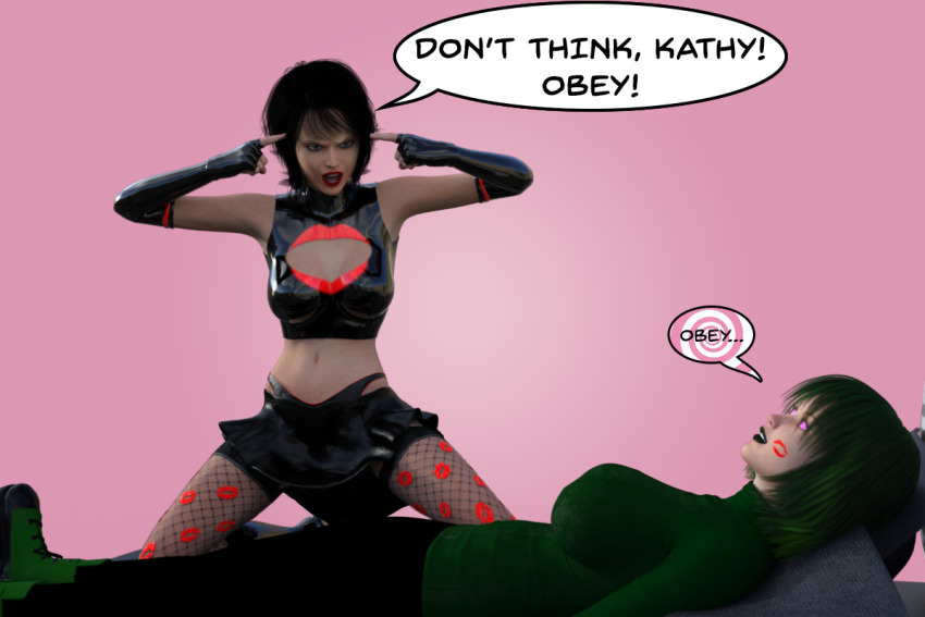 3d black_hair dialogue female_only femdom femsub fishnets glowing_eyes green_hair humor hypnotic_kiss kathy_(theheckle) kissing kisstress_(theheckle) large_breasts latex legs lipstick_mark meme midriff miniskirt original short_skirt skirt spiral_eyes sweater symbol_in_eyes text theheckle