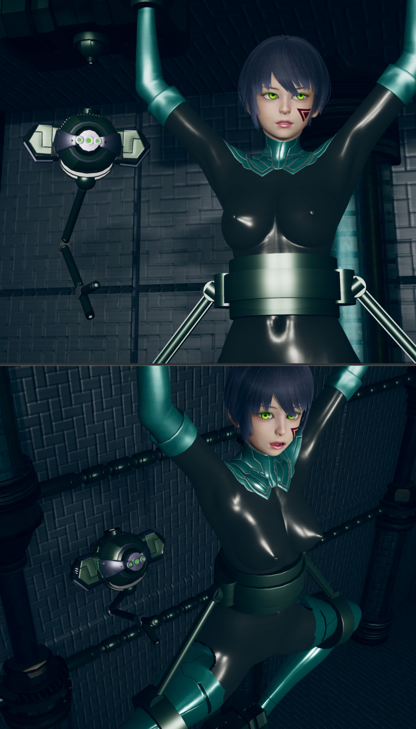 3d arms_above_head black_hair bodysuit breasts comic face_paint female_only femsub gloves green_eyes honey_select_2 murochi-san open_mouth opera_gloves original restrained rubber short_hair solo spread_legs thighhighs