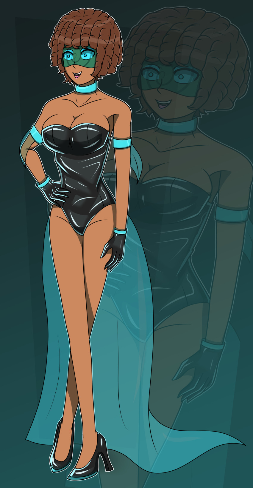 afro bare_legs bare_shoulders breasts brown_hair cleavage dark_skin empty_eyes female_only femsub gloves high_heels hunie_pop hy2300 latex lola_rembrite smile tech_control visor