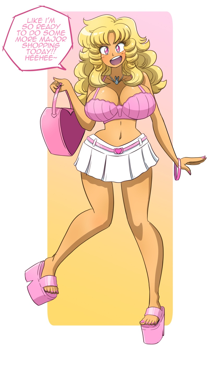 absurdres bare_legs bimbofication blonde_hair breasts cleavage dialogue female_only femsub happy_trance heart high_heels huge_breasts jewelry kobi94 large_breasts midriff navel necklace original pink_eyes princess_caelia_(kachopper9) sandals skirt smile solo text