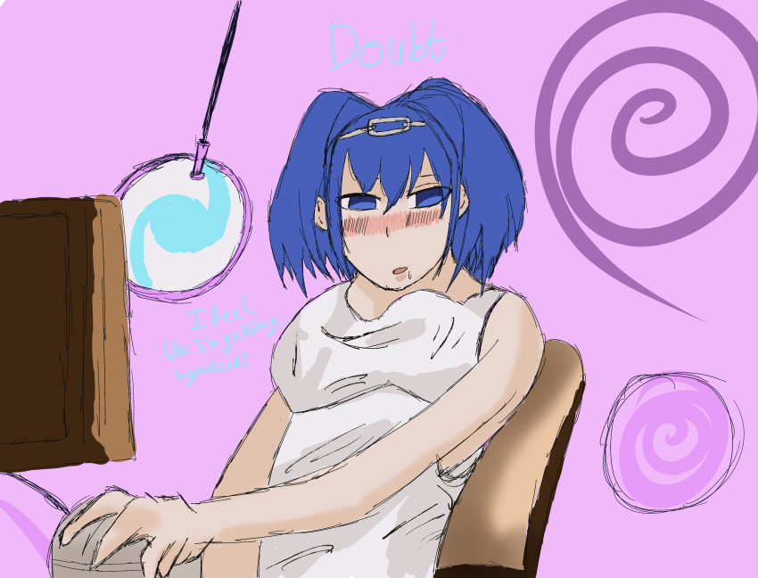 absurdres blue_hair blush computer drool femsub gameplay_mechanics hololive hololive_english kronii_ouro pocket_watch shirt shysketches sitting spiral spiral_background text virtual_youtuber