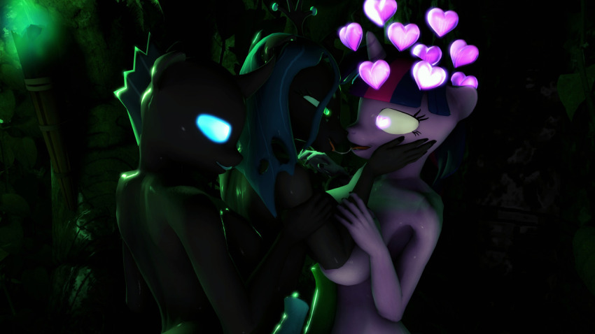 3d bottomless breasts changeling cyan_hair femdom femsub futanari happy_trance horns horse horse_girl indigosfmworks large_breasts multicolored_hair my_little_pony nude open_mouth purple_hair queen_chrysalis tongue tongue_out topless twilight_sparkle unicorn