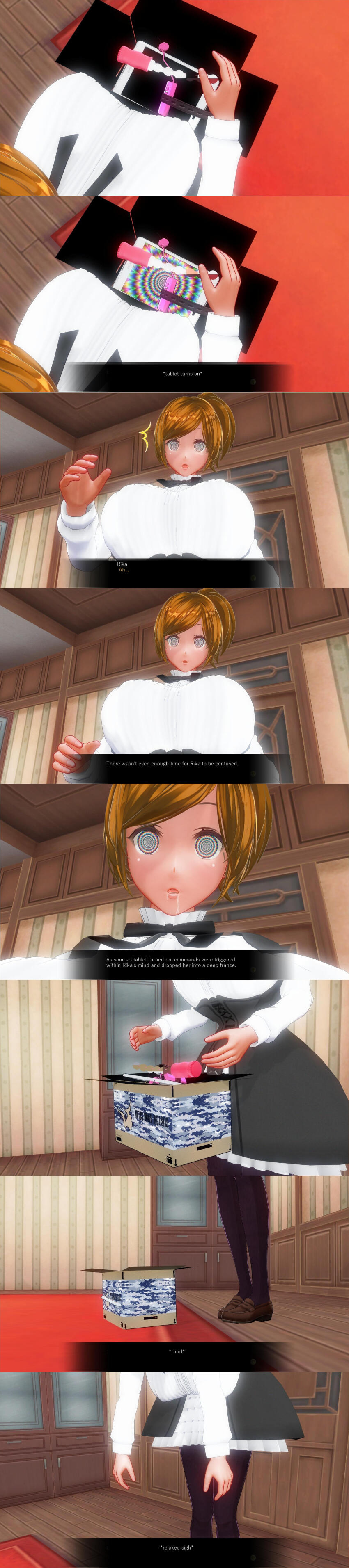 3d absurdres breasts comic custom_maid_3d_2 femsub hard_translated kamen_writer_mc large_breasts rika_(made_to_order) spiral_eyes symbol_in_eyes tech_control text translated