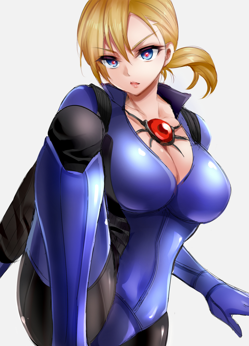 absurdres blonde_hair blue_eyes bodysuit breasts cleavage corruption female_only femsub jill_valentine large_breasts open_mouth p30 ponytail resident_evil resident_evil_5 short_hair simple_background