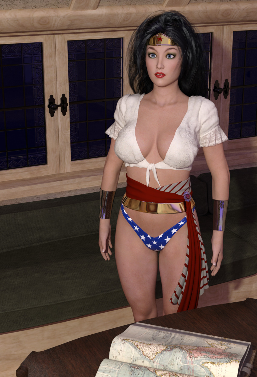 3d black_hair blue_eyes breasts cleavage collarbone dc_comics expressionless female_only femsub huge_breasts long_hair member9 navel red_lipstick solo standing standing_at_attention super_hero thong wonder_woman