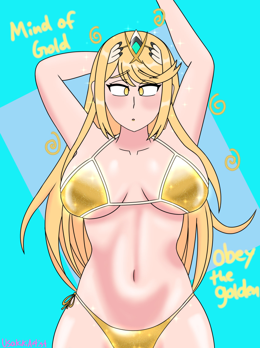 absurdres armpits arms_above_head bikini bikini_bottom bikini_top blonde_hair blue_background circlet collarbone crossed_eyes female_only femsub gold large_breasts mythra_(xenoblade) navel nintendo open_mouth signature simple_background solo sparkle spiral spiral_eyes standing text usakiki very_long_hair xenoblade_chronicles xenoblade_chronicles_2 yellow_eyes