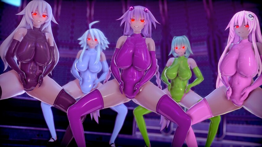 3d ahoge bangs bare_shoulders black_heart blue_hair braid breasts empty_eyes female_only femsub gloves glowing glowing_eyes green_hair green_heart haigure hair_ornament happy_trance hyperdimension_neptunia koikatsu! large_breasts leotard long_hair looking_at_viewer multiple_girls multiple_subs pink_hair purple_hair purple_heart purple_sister red_eyes rubber short_hair smile spread_legs squatting taihou1944 thighhighs twin_braids very_long_hair white_hair white_heart