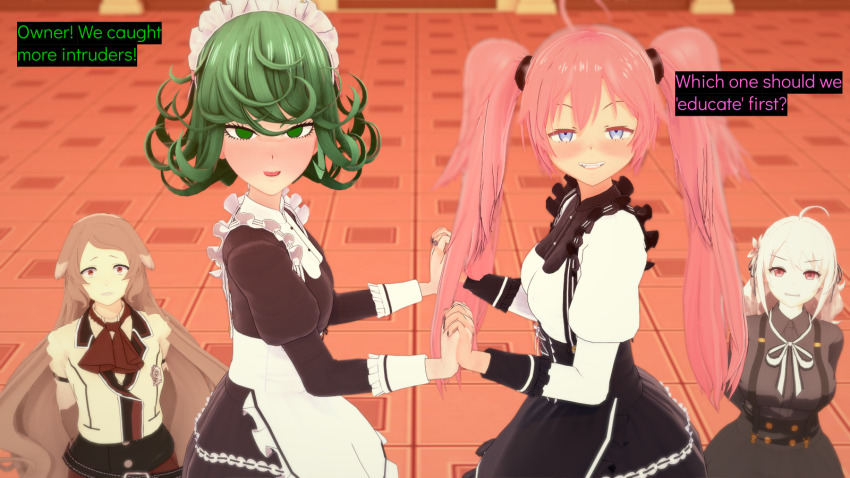 3d blue_eyes blush brown_hair clothed cyanstargazer empty_eyes english_text evil_smile femsub green_eyes green_hair koikatsu! lily_(spy_classroom) long_hair maid maid_headdress milim_nava multiple_girls multiple_subs mushoku_tensei one_punch_man pink_eyes pink_hair pursena restrained smile spy_classroom tatsumaki_(one_punch_man) text that_time_i_got_reincarnated_as_a_slime twintails very_long_hair white_hair