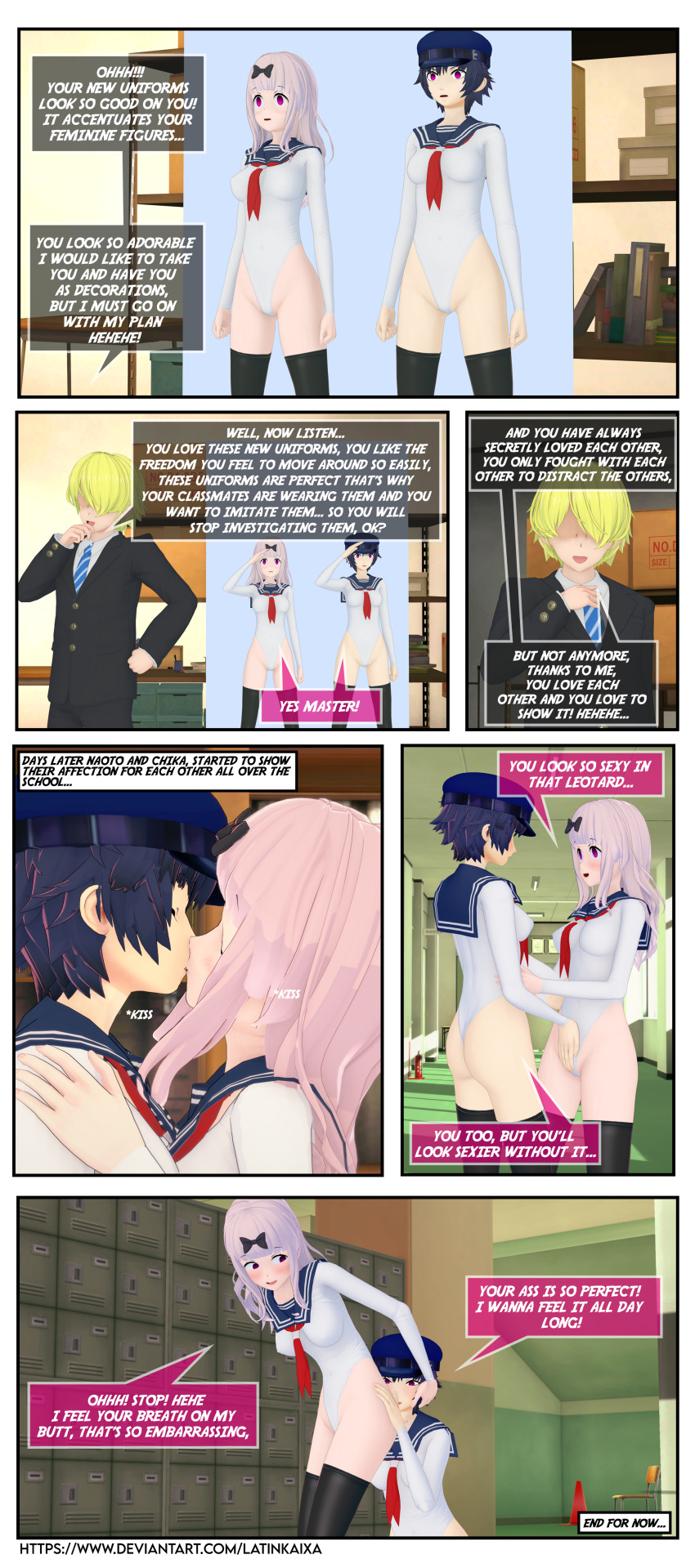 altered_common_sense alternate_costume ass_grab ass_rub ass_worship bent_over blue_hair bow comic crotch_rub dialogue femsub fujiwara_chika groping hair_ribbon hat kaguya-sama_love_is_war kissing latinkaixa leotard long_hair maledom multiple_girls multiple_subs naoto_shirogane persona_(series) persona_4 pink_hair saluting school_uniform sexuality_change short_hair tech_control text thighhighs