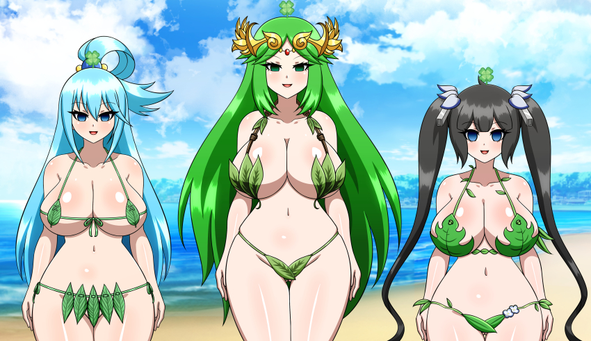 absurdres aqua_(konosuba) beach bikini black_hair blue_eyes blue_hair empty_eyes female_only femsub goddess green_eyes green_hair happy_trance hestia hypnotic_plant is_it_wrong_to_try_to_pick_up_girls_in_a_dungeon? kid_icarus kono_subarashii_sekai_ni_shukufuku_wo! large_breasts long_hair multiple_girls multiple_subs navel nintendo open_mouth palutena st._patrick's_day standing standing_at_attention twintails very_long_hair water yensh