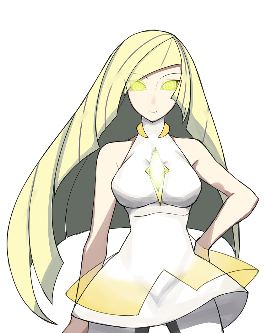 blonde_hair breasts female_only femsub glowing glowing_eyes hand_on_hip happy_trance hypnotic_accessory icontrol_(manipper) kyou_(iuciferic) large_breasts looking_at_viewer lusamine manip milf nintendo pokemon pokemon_sun_and_moon simple_background smile solo spiral_eyes symbol_in_eyes very_long_hair white_background