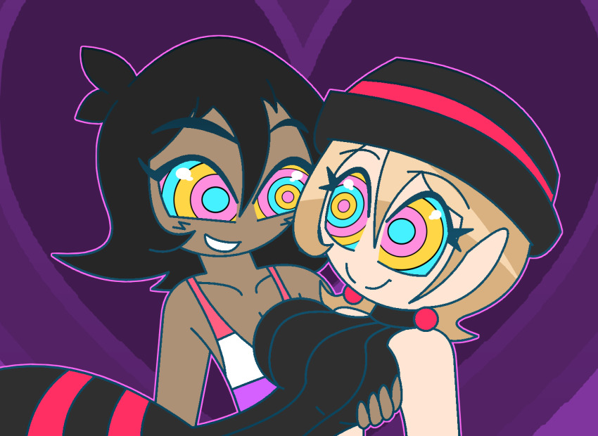 aged_up ash_ketchum bare_shoulders black_hair breasts carrying clothed dark_skin earrings femsub happy_trance hat heart hypnoscream kaa_eyes large_breasts nintendo pokemon pokemon_(anime) pokemon_x_and_y serena short_hair smile tagme