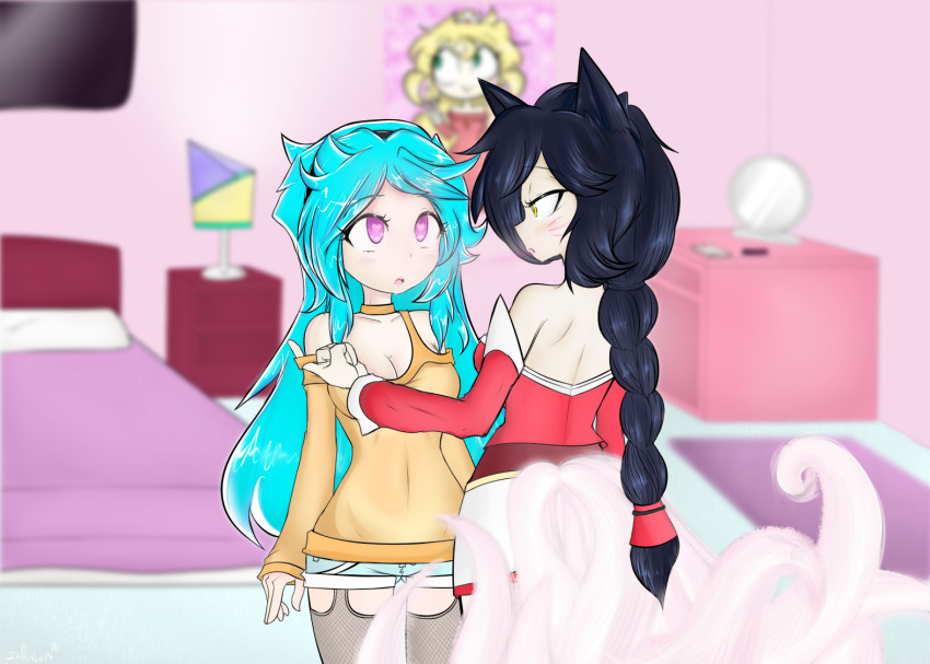 ahri ava_(inflixion) black_hair blue_hair blush charm_(spell) expressionless female_only femdom femsub fox_girl heart heart_eyes inflixion kitsune_girl league_of_legends long_hair magic open_mouth original purple_eyes shorts smoke sweater symbol_in_eyes tail thighhighs undressing yuri