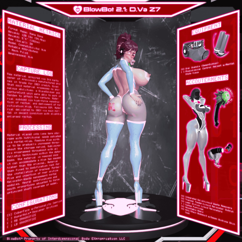 3d animated animated_gif bimbofication blowjob_face breasts brown_hair butt_plug clothed_exposure d.va exposed_chest fellatian female_only femsub goggles headphones high_heels ibex-cg large_ass large_breasts large_lips latex overwatch ponytail posing solo tech_control text user_interface video_game visor wide_hips