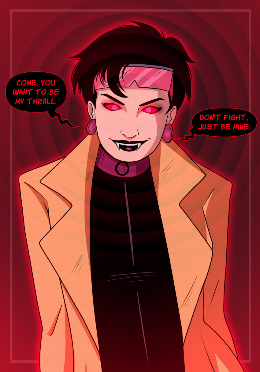 black_hair black_lipstick coat dialogue earrings english_text fangs female_only femdom glowing_eyes jubilee marvel_comics polmanning red_eyes short_hair speech_bubble super_hero text vampire visor x-men