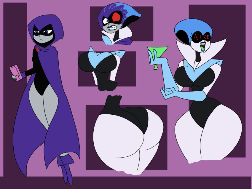 ass_expansion bare_legs before_and_after boots breast_expansion cloak comic dc_comics deltarune female_only femsub floating gloves grey_skin hood identity_swap leotard lip_expansion lordebonfuze open_mouth purple_eyes queen_(deltarune) raven red_eyes robotization simple_background smile source_request standing teen_titans transformation visor white_skin wine