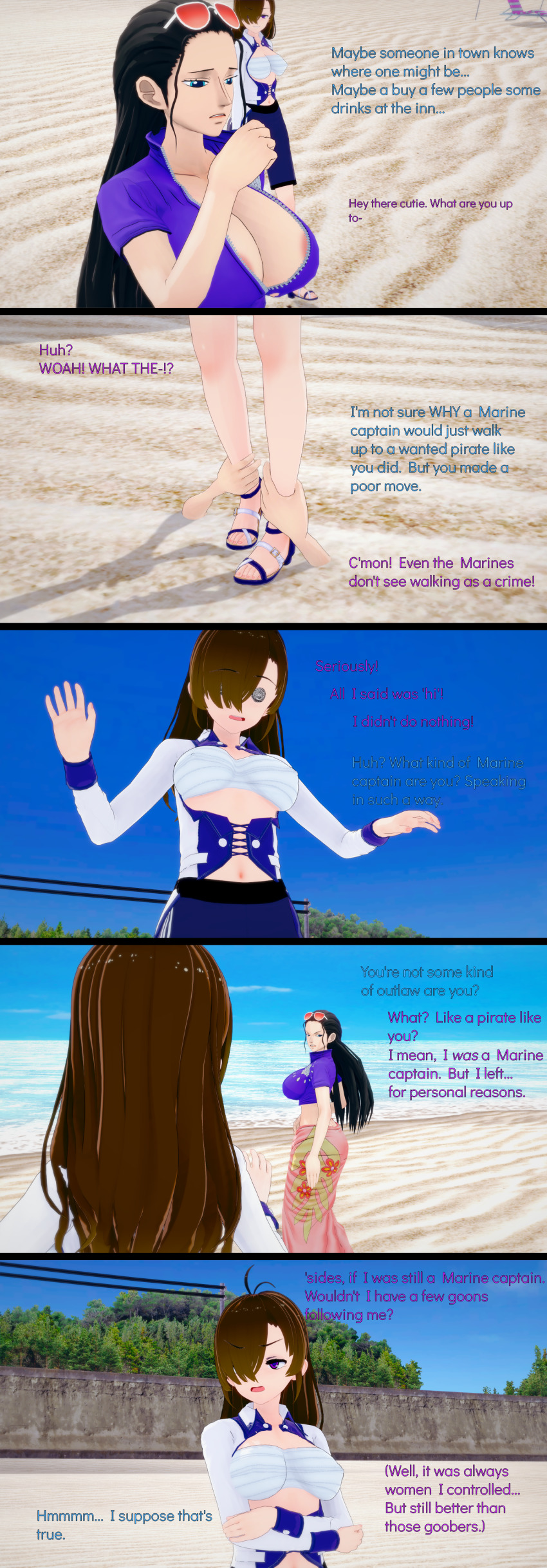 3d absurdres ahoge angry beach black_hair breasts brown_hair cleavage crossed_arms cyanstargazer dialogue english_text evil_smile eyebrows_visible_through_hair female_only femdom femsub huge_breasts jacket koikatsu! large_breasts long_hair looking_back nico_robin nipples one_piece purple_eyes sandals sequence shorts skirt smile spiral_eyes sunglasses text yuri