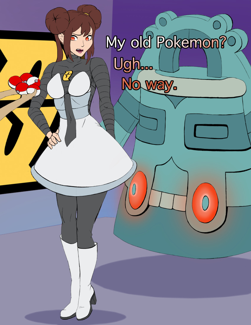 absurdres boots breasts bronzong bzurrrf corruption dialogue double_hair_bun empty_eyes enemy_conversion femsub glowing glowing_eyes hair_buns hand_on_hip high_heels large_breasts long_hair nintendo open_mouth pokeball pokemon pokemon_(creature) pokemon_black_and_white_2 rosa_(pokemon) skirt team_galactic text thighhighs twintails