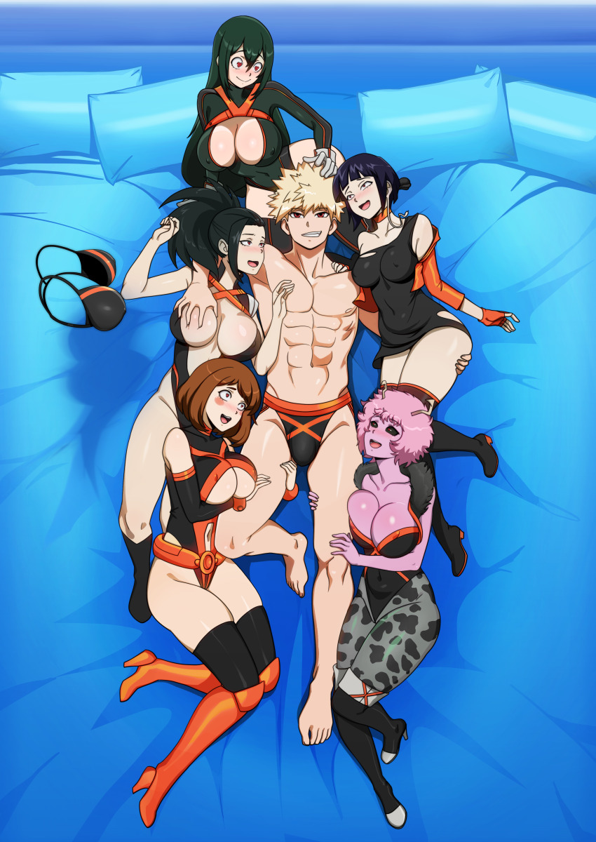 abs alternate_color_scheme alternate_costume barefoot bed bedroom black_eyes black_hair blonde_hair blue_hair breast_grab breasts brown_hair feet femsub green_hair groping happy_trance harem heart heart_eyes katsuki_bakugo kyoka_jiro long_hair maledom mina_ashido momo_yaoyorozu multiple_girls multiple_subs muscle_boy my_hero_academia ochaco_uraraka on_back open_mouth orange_eyes pink_hair pink_skin red_eyes shinzu short_hair super_hero symbol_in_eyes toru_hagakure tsuyu_asui