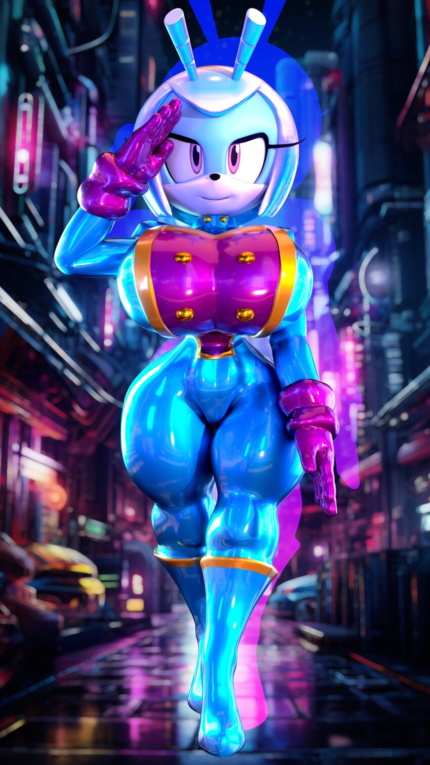 3d absurdres boots bug_girl femsub furry gloves huge_breasts idw_comics jewel_the_beetle latex military_uniform palisal pink_eyes saluting smile solo sonic_the_hedgehog_(series) standing thick_thighs uniform wide_hips