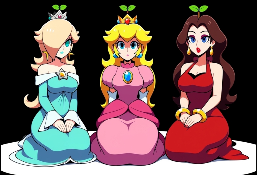 ai_art blonde_hair brown_hair earrings empty_eyes femsub floro_sprout hellsing002_(generator) kneeling nail_polish nintendo paper_mario pauline princess_peach princess_rosalina super_mario_bros. super_paper_mario