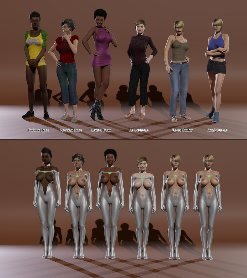 3d afro bare_shoulders before_and_after blue_eyes bodysuit boots breasts clothed_exposure collar collarbone corinne_dean crossed_eyes dark_skin dress empty_eyes female_only femsub graybot huge_breasts janet_hunter jeans lakisha_dean large_breasts lipstick looking_at_viewer metrobay_comix multiple_girls multiple_subs navel nipples pants red_lipstick sandals sandy_hunter shorts skirt sneakers standing standing_at_attention sweater tandy_hunter tank_top tecknophyle topless twins veronica_dean whitewash_eyes