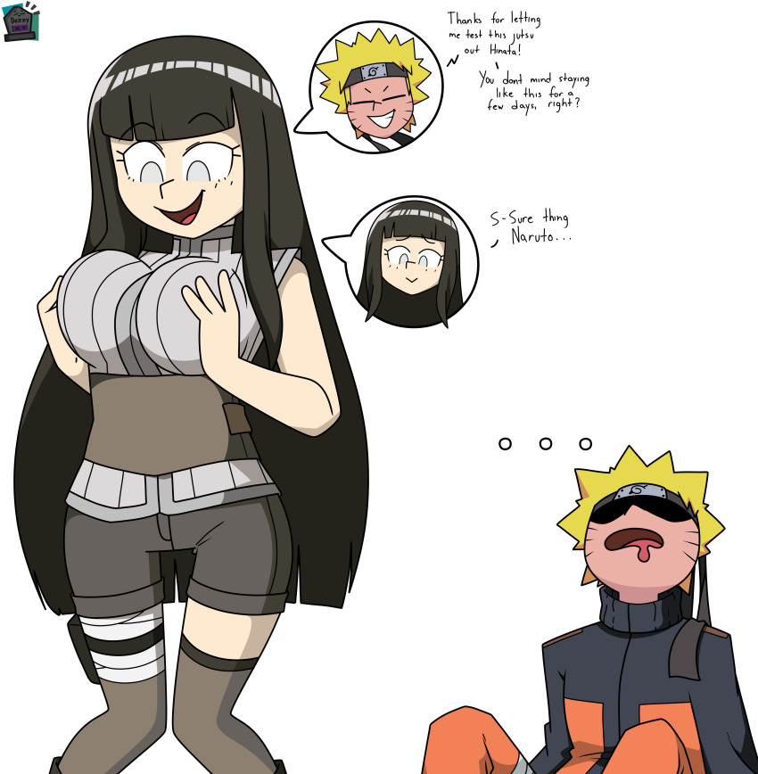 absurdres black_hair blonde_hair body_swap breasts consensual dezzy femsub grey_eyes hinata_hyuuga holding_breasts naruto_(series) naruto_uzumaki open_mouth possession simple_background speech_bubble text watermark white_background