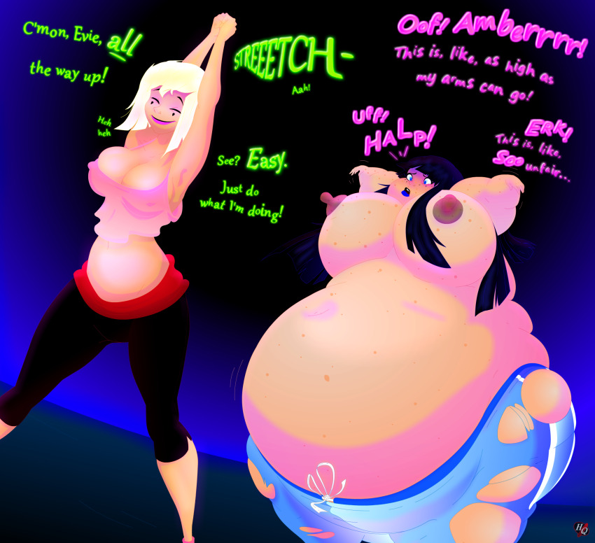 black_hair blonde_hair dialogue erect_nipples exposed_chest female_only femdom freckles harlequin141 magic text torn_clothes weight_gain witch yoga_pants
