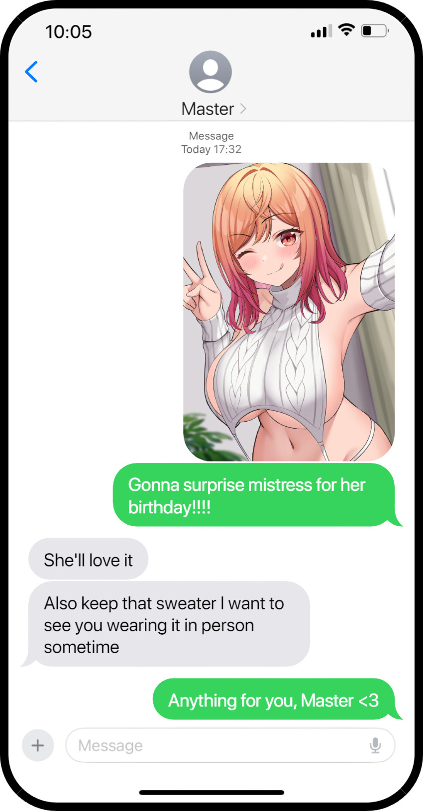 arm_warmers bangs blonde_hair cell_phone clothed_exposure femdom femsub hololive huge_breasts licking_lips maledom manip navel one_eye_open onlyharmony_(manipper) ramkilog ririka_ichijou selfie sideboob smile sweater tagme text user_interface v virtual_youtuber wink