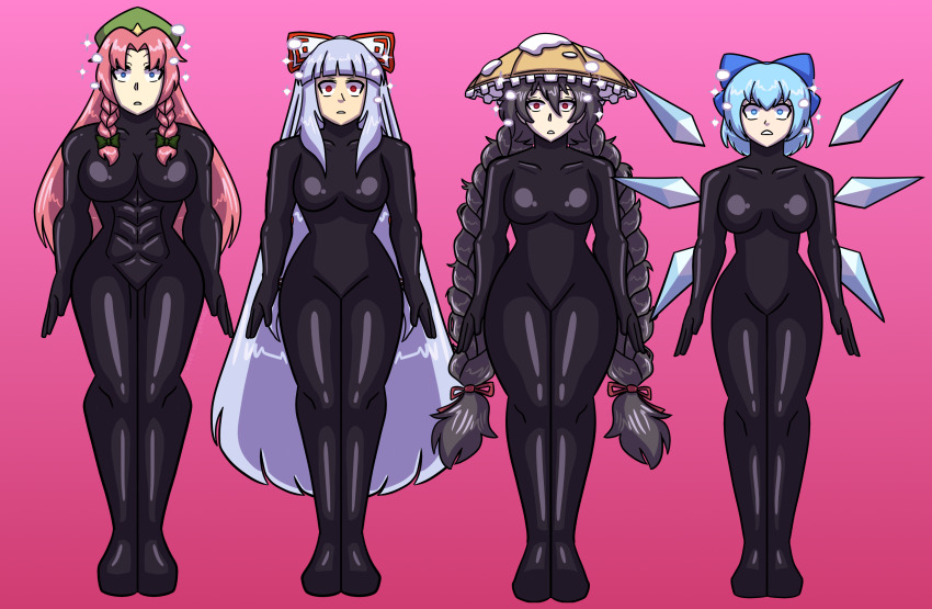 beret black_hair blue_eyes blue_hair bodysuit braid bubble catsuit character_request cirno expressionless female_only femsub fujiwara_no_mokou gradient_background hair_ribbon hat hong_meiling large_breasts long_hair maggotmike muscle_girl narumi_yatadera pink_hair red_eyes short_hair shrunken_irises small_breasts sparkle standing_at_attention thick_thighs touhou very_long_hair white_hair