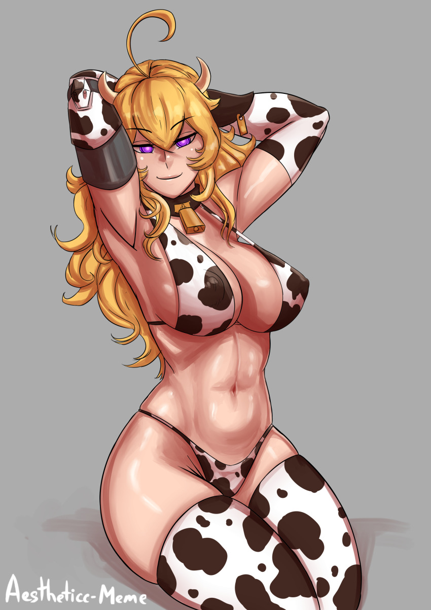 absurdres aestheticc-meme ahoge armpits blonde_hair breasts cleavage cow_girl cowbell erect_nipples female_only horns hucow icontrol_(manipper) large_breasts long_hair manip navel rwby smile solo spiral_eyes symbol_in_eyes thighhighs yang_xiao_long