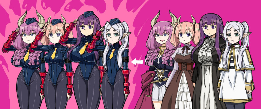 aura_(frieren:_beyond_journey's_end) before_and_after breasts elf elf_ears female_only femsub fern_(frieren:_beyond_journey's_end) frieren frieren:_beyond_journey's_end horns linie_(frieren:_beyond_journey's_end) pantyhose purple_hair saluting shadaloo_dolls street_fighter tagme tousyoku twintails white_hair