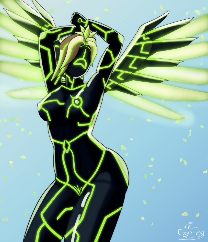 absurdres arms_above_head ben_10 bodysuit breasts cartoon_network crossover dronification faceless female_only large_breasts mercy mrexpress overwatch possession signature solo thick_thighs thighhighs thighs upgrade_(ben_10) wings
