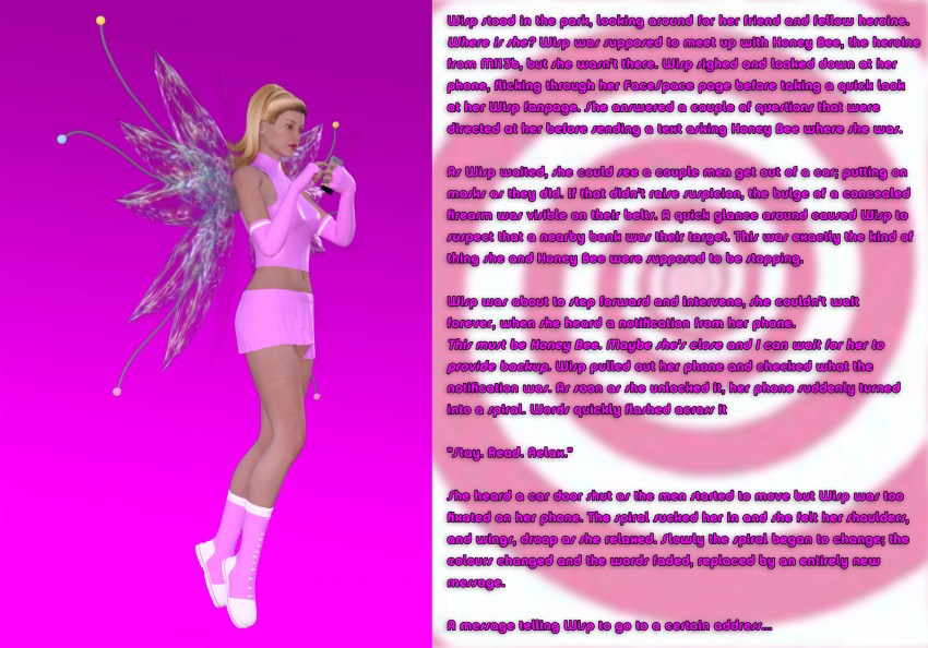 3d absurdres caption caption_only cell_phone fairy fairyprincessjess_(writer) female_only manip original solo spiral super_hero text theheckle wisp_(fairyprincessjess)