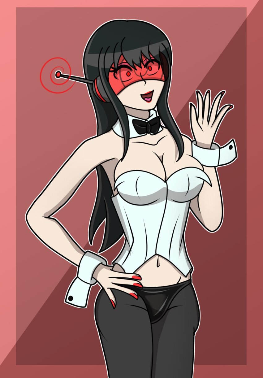 antenna black_hair bow_tie breasts cleavage collarbone cuffs female_only femsub hand_on_hip hy2300 lipstick long_hair makeup midriff nail_polish navel red_eyes red_lipstick shrunken_irises simple_background solo spy_x_family tech_control visor yor_briar
