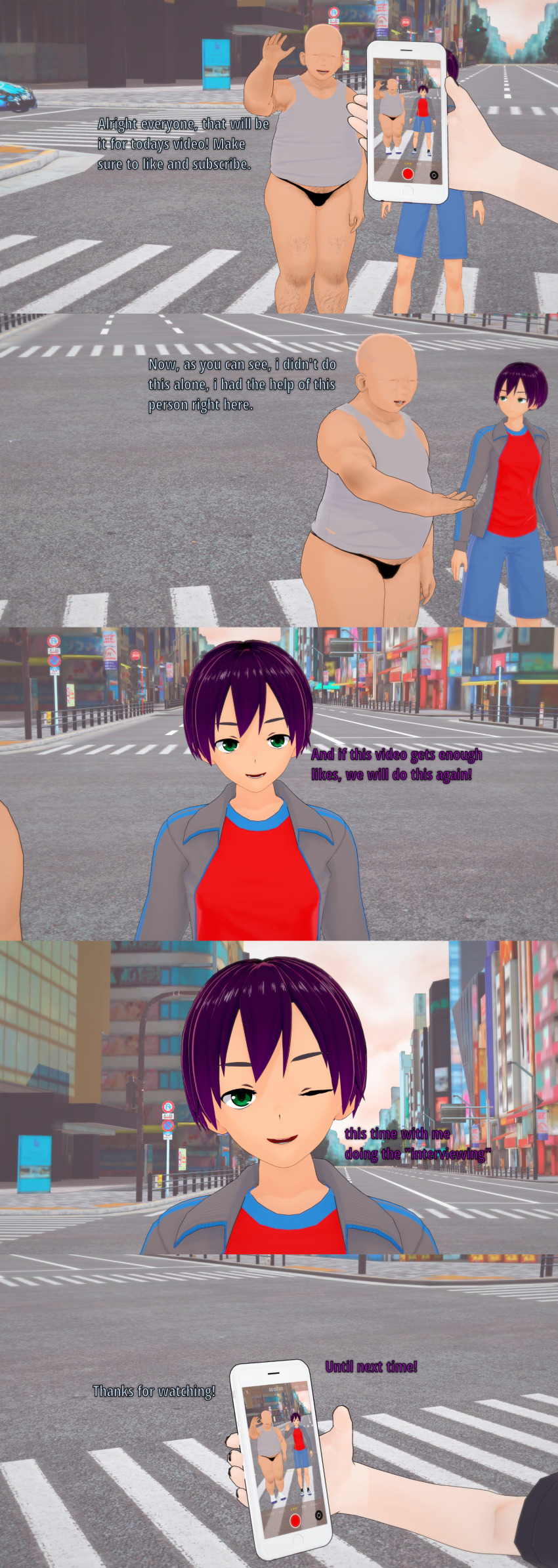 absurdres aware bald clothed dialogue english_text fat green_eyes male_only multiple_boys no_eyes original phone purple_hair short_hair sugus text ugly_bastard
