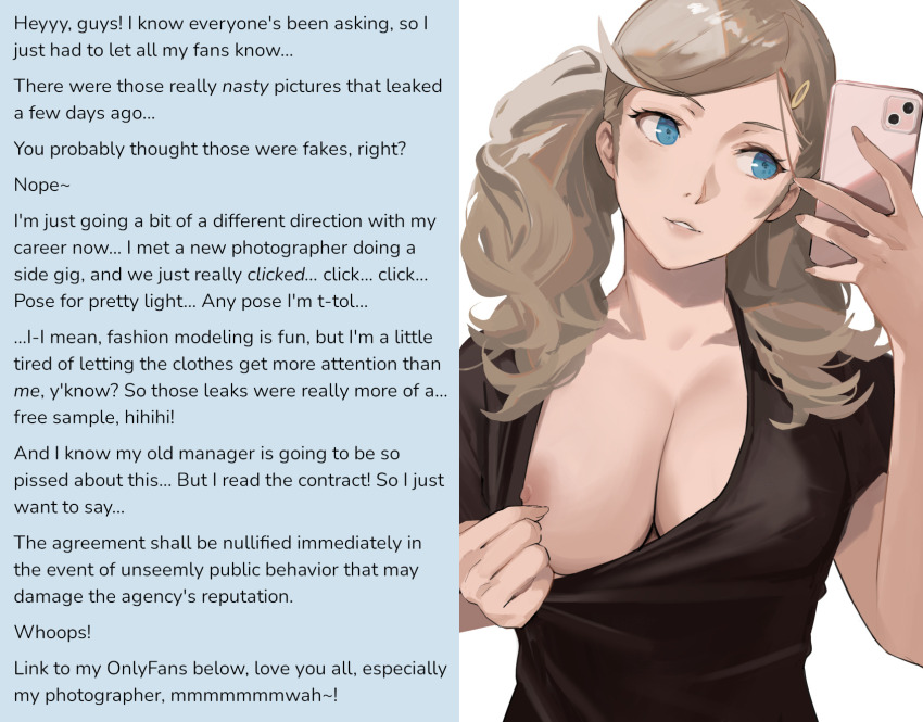 ann_takamaki blonde_hair blue_eyes breasts caption cell_phone cleavage dialogue female_only femsub hairpin happy_trance j@ck large_breasts long_hair monsieurchuchote_(writer) nipples persona_(series) persona_5 phone selfie shirt shirt_pull simple_background smile solo t-shirt text twintails undressing white_background