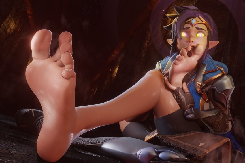 3d barefoot clothed complex_background elf_ears feet femsub foot_focus foot_licking foot_worship freckles overwatch spiral spiral_eyes syclops symbol_in_eyes tagme tracer