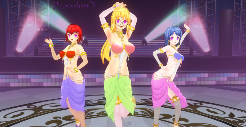 3d aki_(hypnolordx) aoi_(hypnolordx) blonde_hair blue_hair breasts cat_nap_(hypnolordx) cleavage custom_maid_3d_2 dancer dancing earrings empty_eyes female_only femsub glasses happy_trance harem_outfit hypnolordx jewelry large_breasts long_hair open_mouth original red_hair short_hair smile