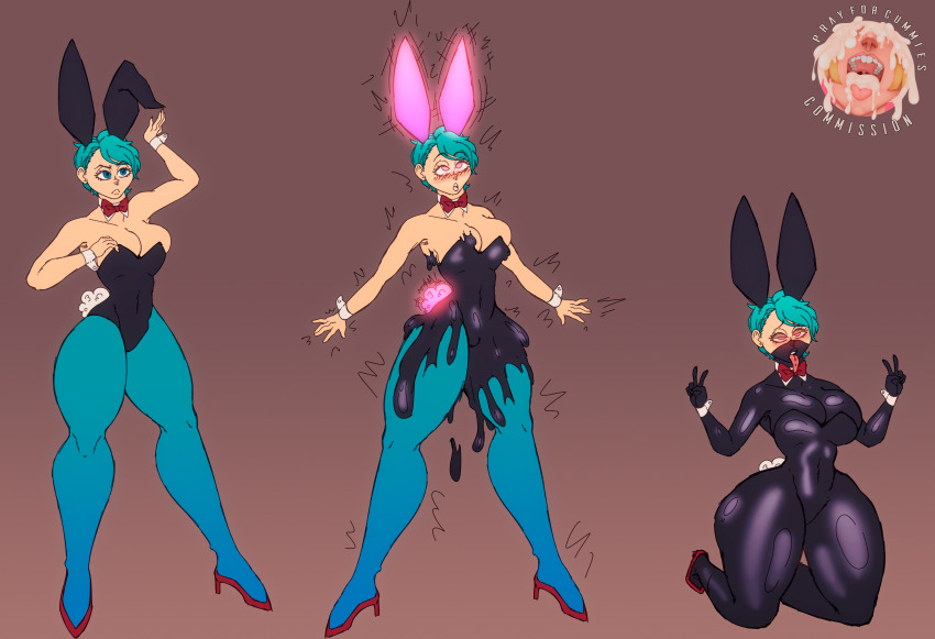 absurdres before_and_after blue_eyes blue_hair blush bow_tie breasts bulma_briefs bunny_girl bunnysuit cleavage cuffs double_v dragon_ball dragon_ball_z eye_roll fake_animal_ears fake_tail female_only femsub glowing glowing_eyes heavy_eyelids high_heels hypnotic_accessory kneeling large_breasts latex nail_polish open_mouth pantyhose pink_eyes prayforcummies ring_eyes short_hair signature simple_background slime standing tagme tongue tongue_out trembling v