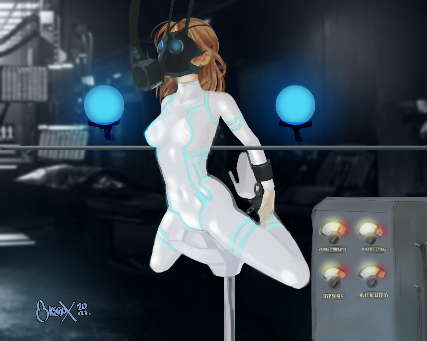 arms_behind_back bodysuit bondage breasts brown_hair chains corruption crotch_rub cuffs gas_mask long_hair original restrained signature spread_legs super_hero text tubes vertigor