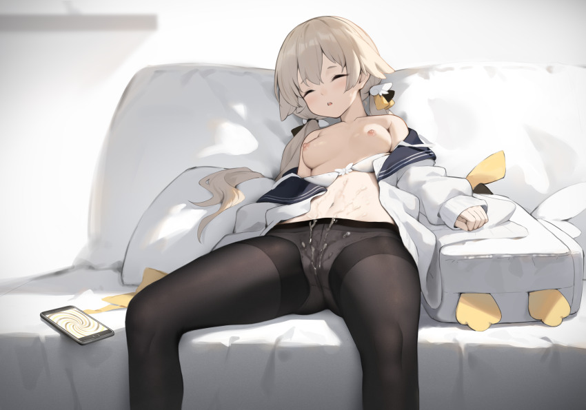 blue_archive breasts breasts_outside cell_phone clothed_exposure couch cum_on_body cum_on_clothes exposed_chest femsub hagi_(ame_hagi) hifumi_(blue_archive) hypnotic_screen long_hair navel nipples pantyhose phone sitting sleeping solo spiral tech_control topless twintails