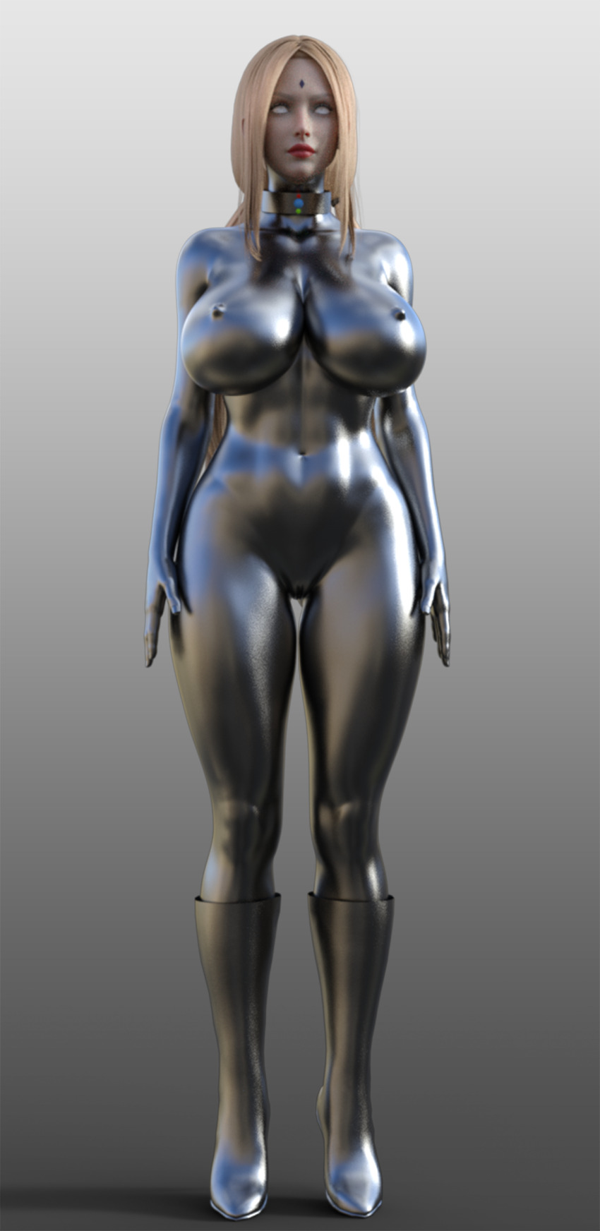 3d absurdres blonde_hair bodysuit boots collar expressionless female_only fembot femsub gradient_background graybot high_heels huge_breasts large_breasts long_hair naruto_(series) navel nipples pussy robot robot_girl robotization simple_background solo standing standing_at_attention theheckle thigh_gap tight_clothing tsunade whitewash_eyes