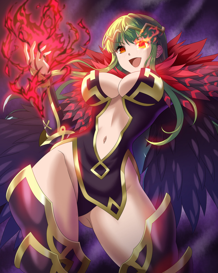 absurdres armor blush breasts cleavage cleavage_cutout cloak clothed corruption crown dress evil_smile eyebrows_visible_through_hair female_only femsub fire_emblem fire_emblem_echoes fire_emblem_mystery_of_the_emblem gloves glowing_eyes green_hair harrier_(fire_emblem) huge_breasts large_breasts long_hair looking_at_viewer magic midriff navel nintendo open_mouth opera_gloves palla_(fire_emblem) red_eyes sirano smile solo thick_thighs thighs wide_hips