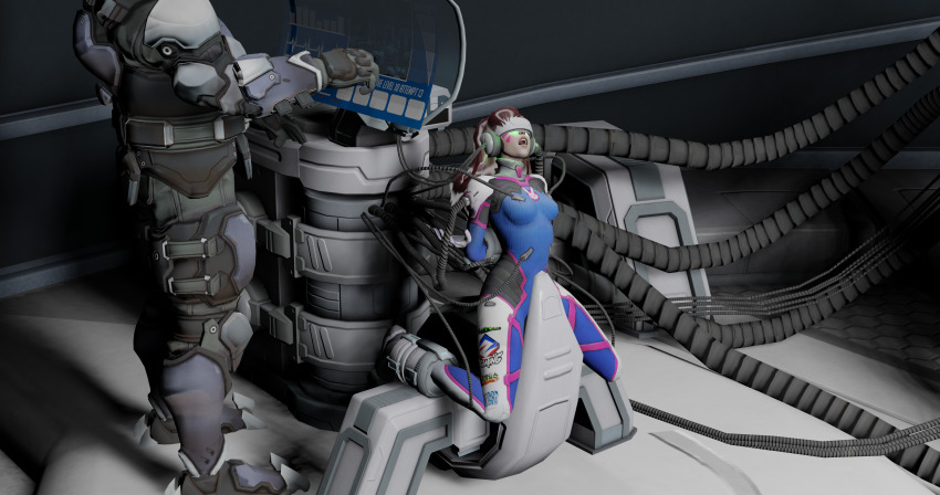 3d arms_behind_back bodysuit bondage breasts brown_hair cables corruption d.va face_paint femsub glowing headphones invaderman6 kneeling long_hair maledom monitor open_mouth overwatch restrained spread_legs tech_control visor wires