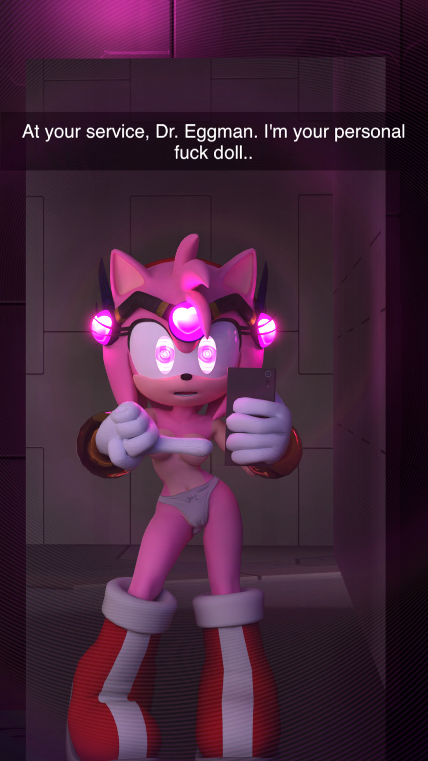 3d amy_rose caption convenient_censoring femsub furry hypnotic_accessory hypnotic_eyes looking_at_viewer mirror panties pink_eyes selfie shoes snapchat sonic_the_hedgehog_(series) spiral spiral_eyes spiralrose23 tech_control text