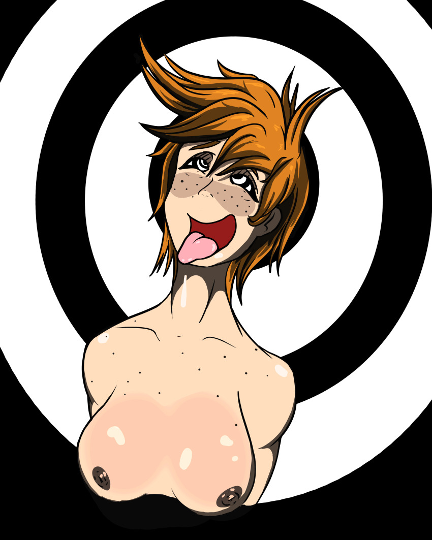 absurdres black--wave blush bottomless breasts cygant_(colorist) drool female_only femsub happy_trance light_skin manip nipples nude open_mouth orange_hair original ring_eyes short_hair simple_background smile solo tongue tongue_out topless