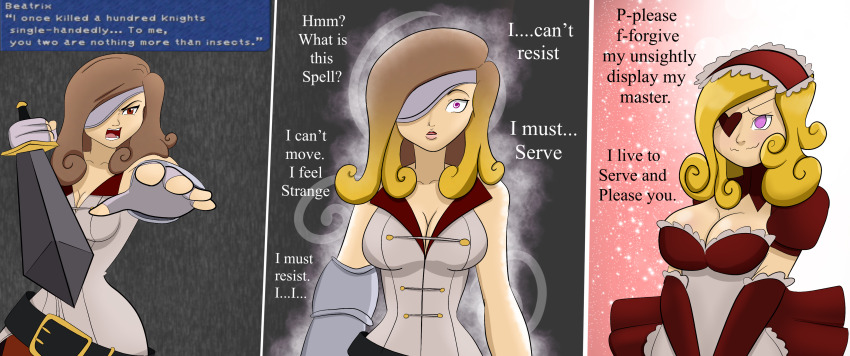 absurdres beatrix_(ffix) blonde_hair breasts brown_hair cleavage comic dialogue eyepatch female_only femsub final_fantasy final_fantasy_ix happy_trance maid maid_headdress open_mouth pink_eyes red_eyes short_hair smile solo spiral_eyes syas-nomis symbol_in_eyes text tongue