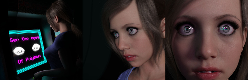 3d absurdres alice_(hypnoforge) arcade_game blue_eyes breasts brown_hair dazed empty_eyes expressionless female_only femsub hypnoforge hypnotic_screen monitor night open_mouth polybius ponytail reflection symbol_in_eyes tech_control